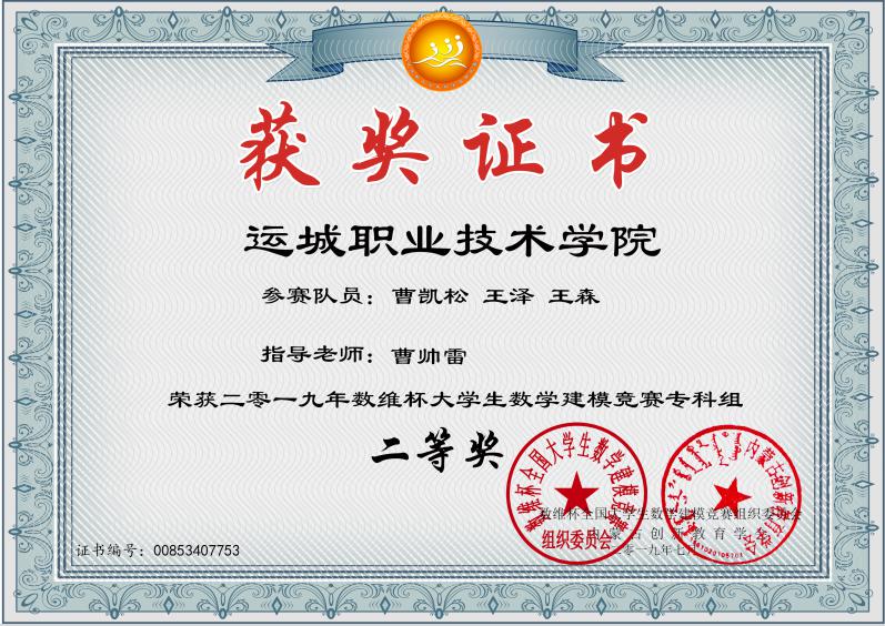 数学建模大赛二等奖-曹帅雷.jpg 数学建模大赛二等奖-曹帅雷.jpg